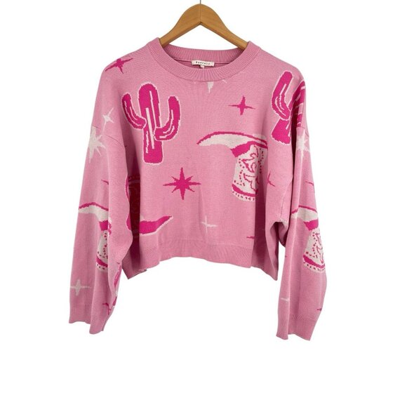 Baevely Sweaters - BAEVELY Women's Pink Cowboy Boot Print Crewneck Oversize Crop Sweater Large